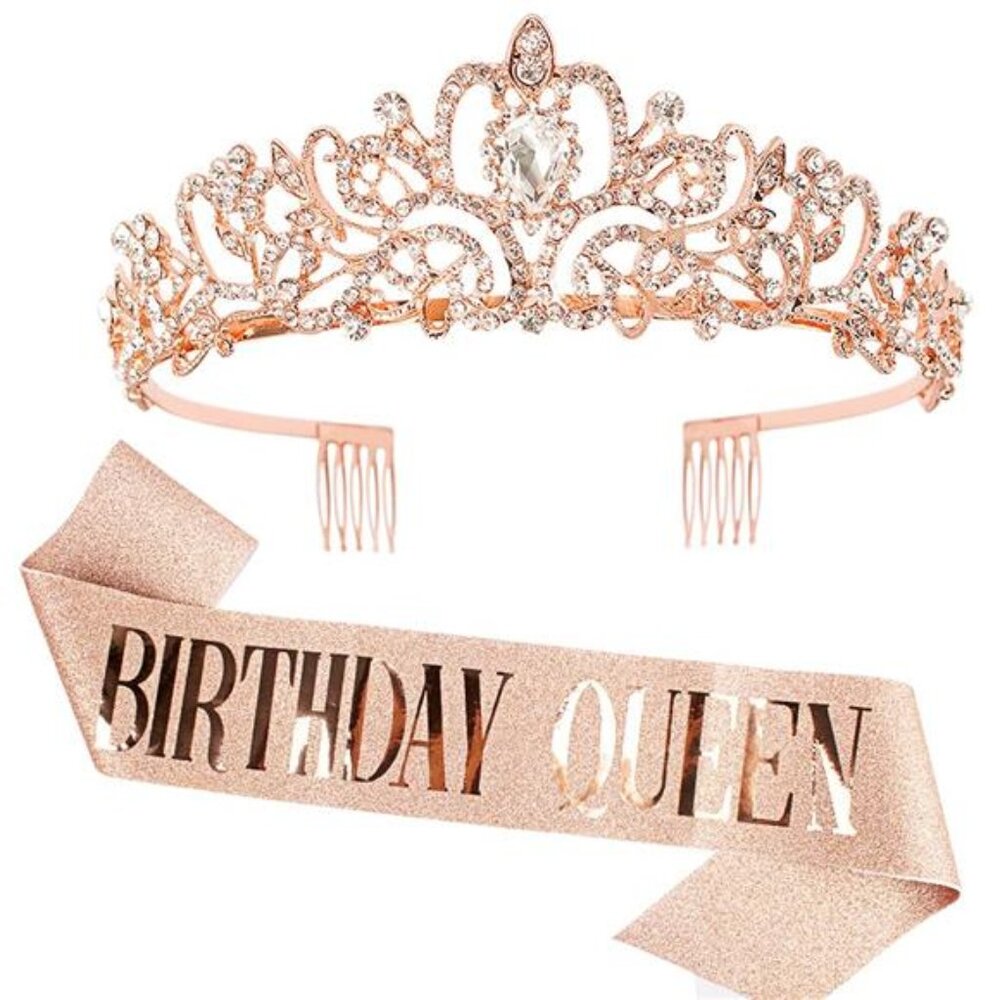 "Birthday Queen" Sash & Rhinestone Tiara Set Rose Gold Birthday Sash and Tiara